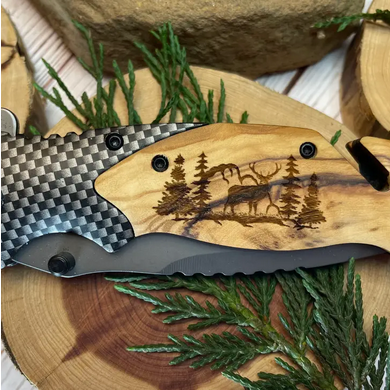 Deer Mountain Trees Laser Art Etched Knife 3