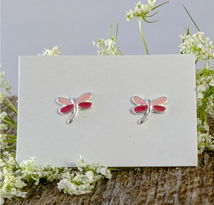 Pink Dragonfly Stud Earrings in Sterling Silver