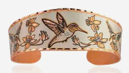 Hummingbird Wilderness Art All Copper Bracelet Cuff with Cut Diamond Sides