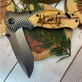Deer Mountain Trees Laser Art Etched Knife