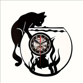 Cat with Fish Bowl Vinyl Record Clock