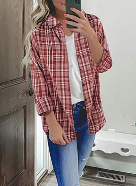 Womens Classic Plaid Color Block Button Down Boyfriend Long Sleeve Shirts Blouse