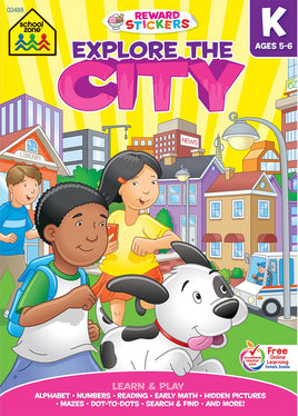 School Zone - Explore the City Kindergarten Learning Workbook - 240 Pages, Ages 5 to 6, Stickers, Alphabet, ABCs, Search & Find, and More (Easy-Tear Top Bound Pad)